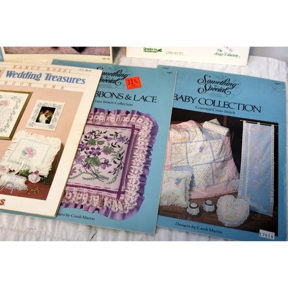 Vtg 8 Pc Counted Cross Stitch Booklet Pattern Lot Cat Flowers Angel Wedding Baby - Picture 5 of 9